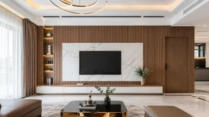 Mảng tường vách TV ốp tấm nhựa lam sóng vân gỗ phẳng khít sang trọng