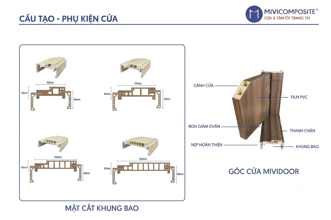 Mặt cắt cấu tạo phôi đùn nguyên tấm cửa nhựa composite với lõi gân rỗng chịu lực