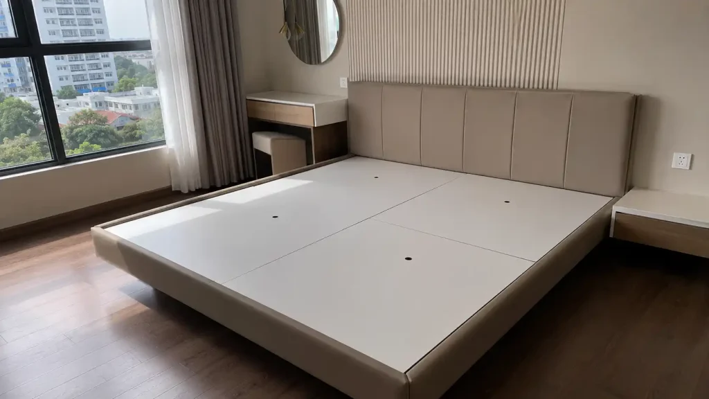 Mặt dưới đệm sạch sẽ đặt trên hệ vạt giường nhựa phẳng lỳ