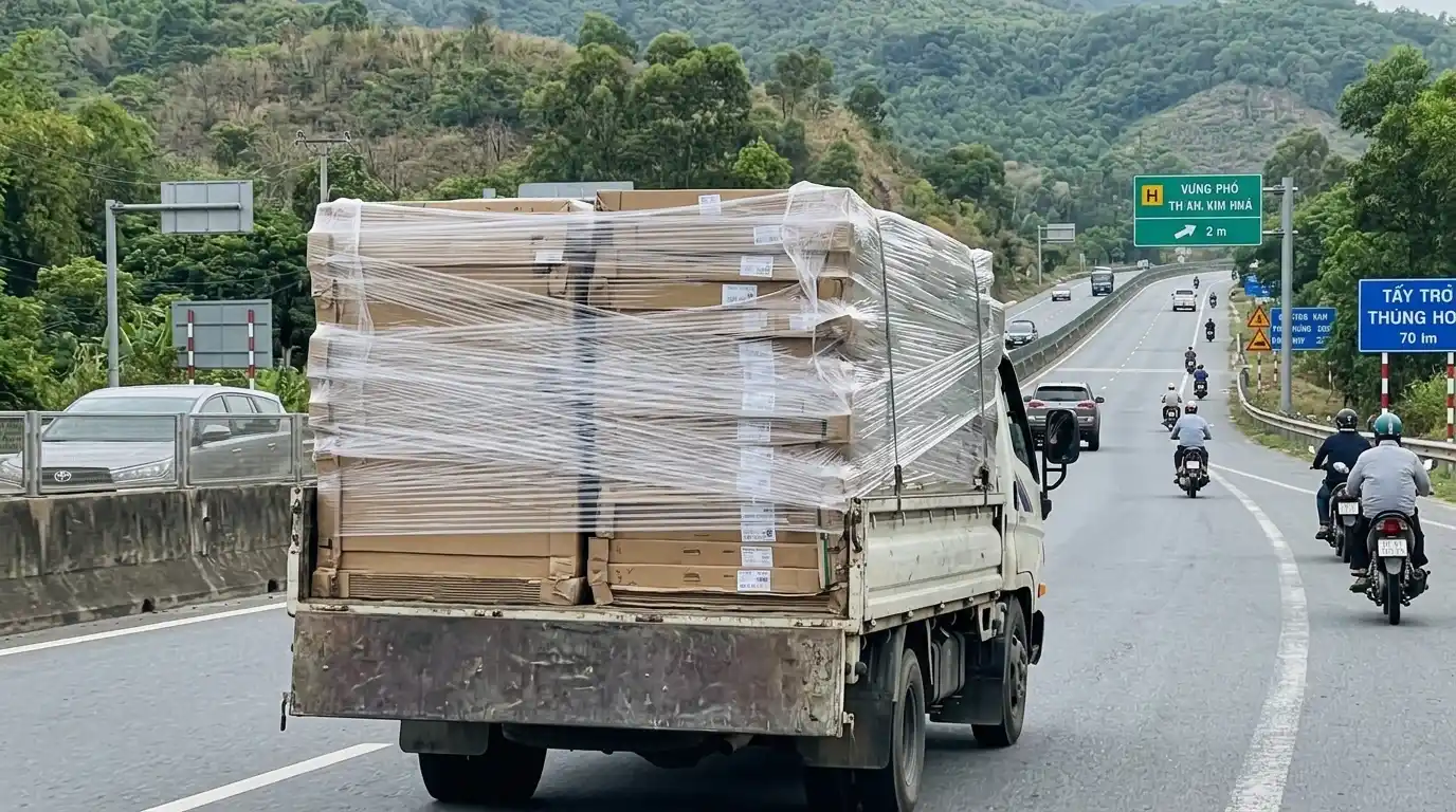 Quy cách bọc màng PE đệm góc carton siết đai kiện cửa composite đi Trà Vinh