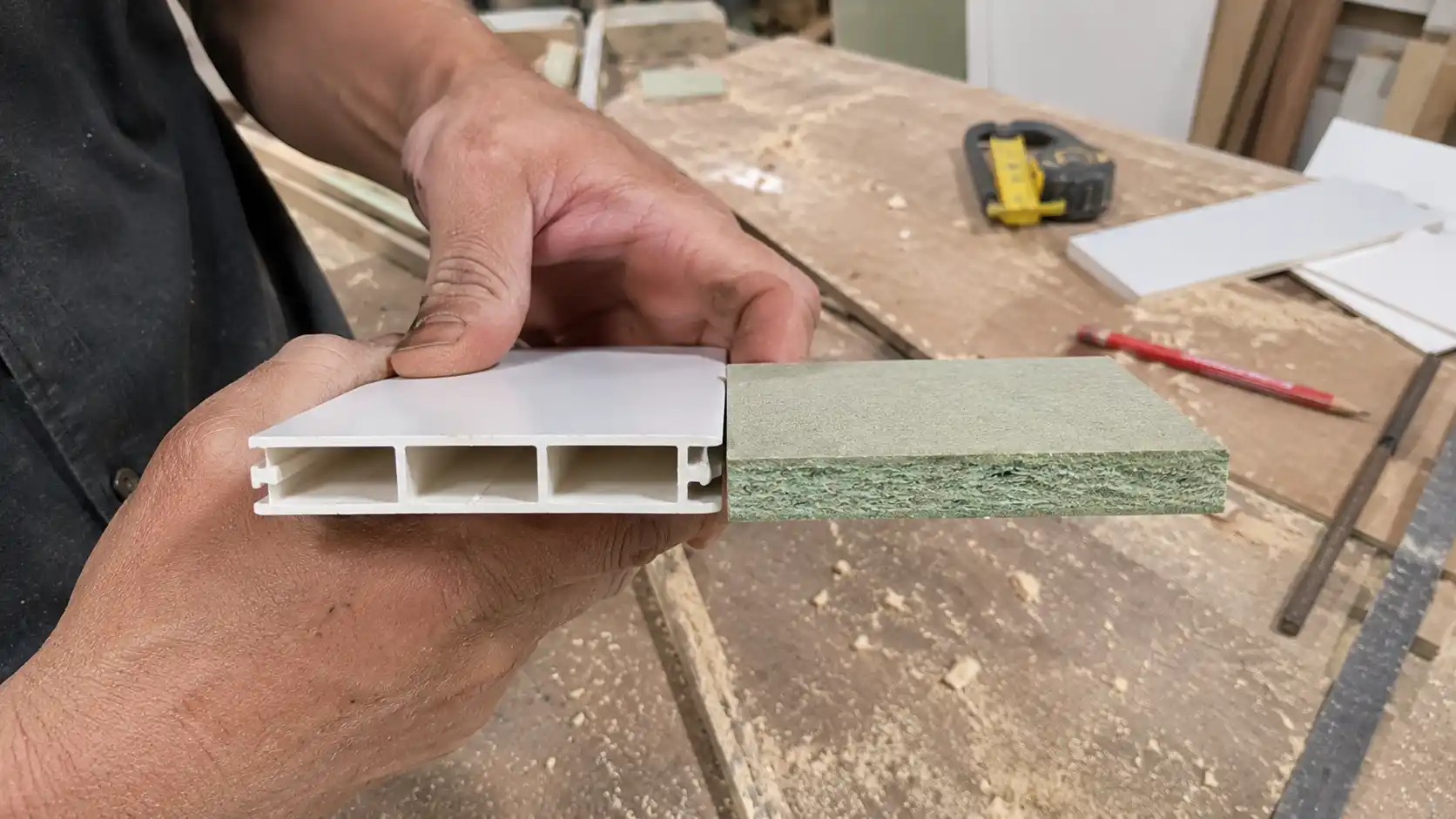 So sánh mặt cắt cấu tạo tấm nhựa Ecoplast rỗng gân xương và ván gỗ MDF lõi xanh