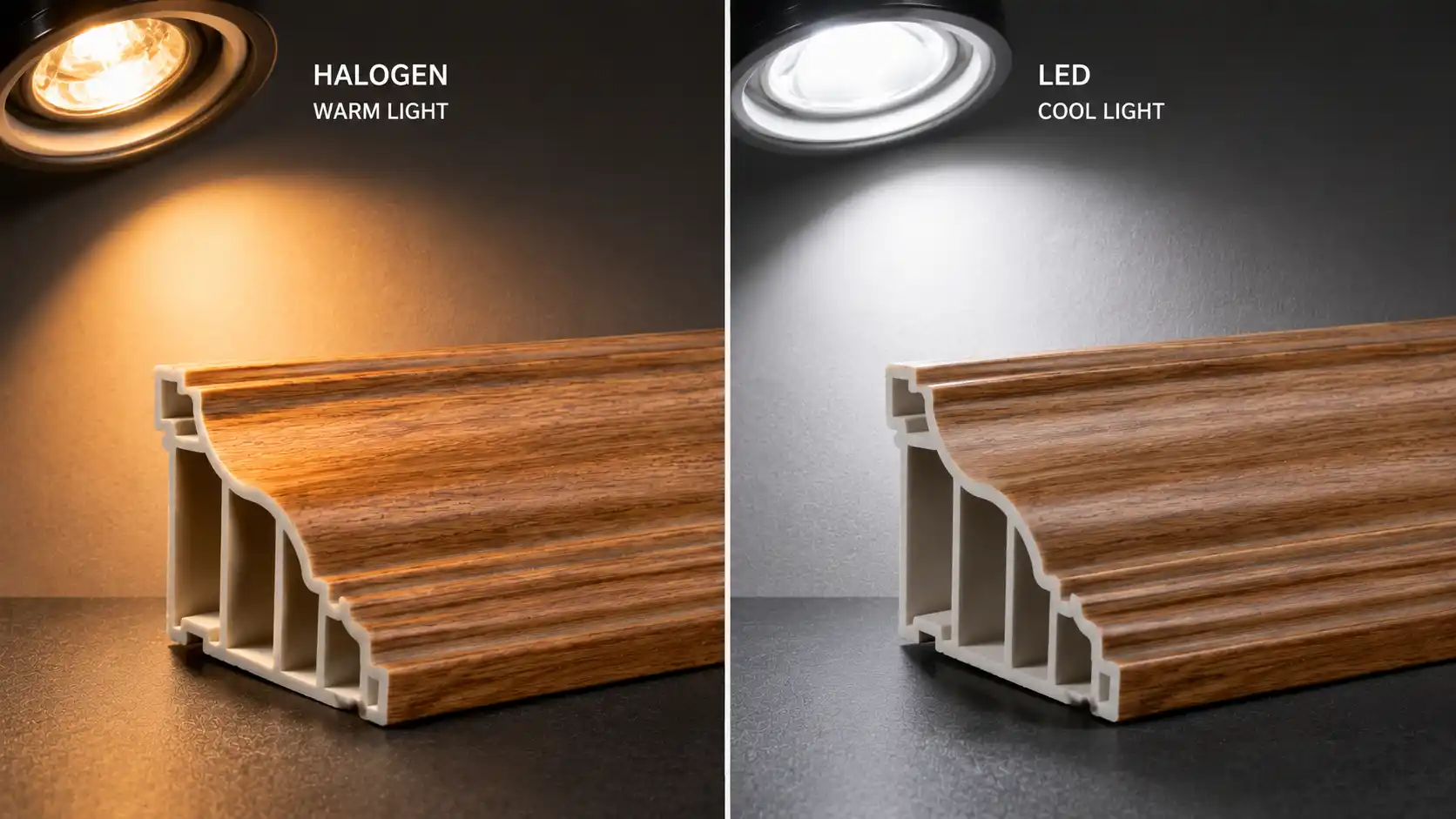 So sánh tác động của đèn LED và đèn Halogen lên nẹp nhựa vân gỗ