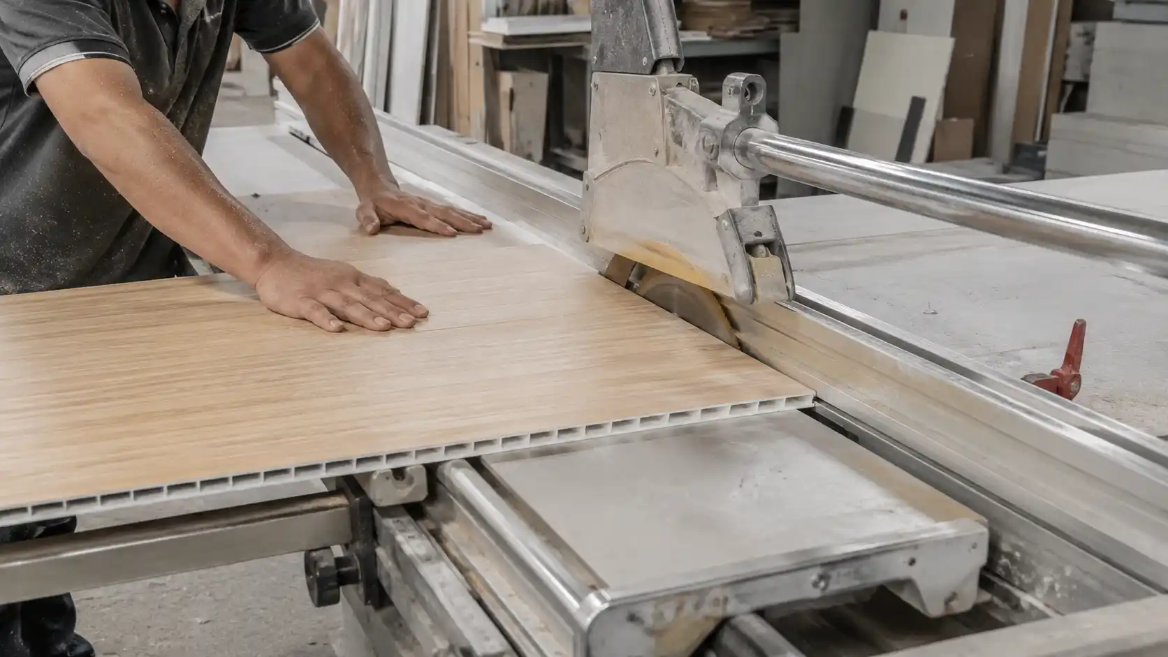 Thao tác đưa tấm nhựa Ecoplast qua máy cưa bàn trượt đòi hỏi màng film bám dính tốt