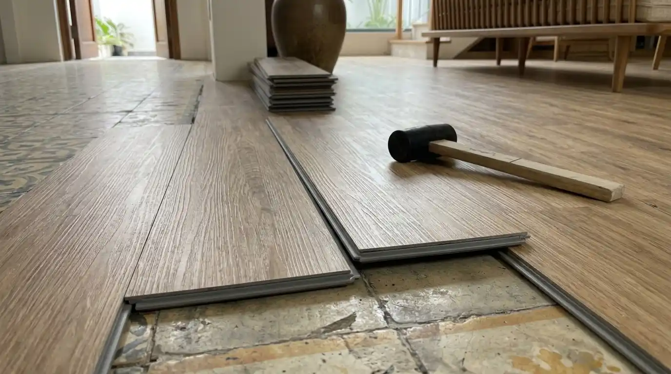 Thi công lát sàn nhựa hèm khóa đè lên gạch cũ sạch sẽ không sinh bụi mù xà bần