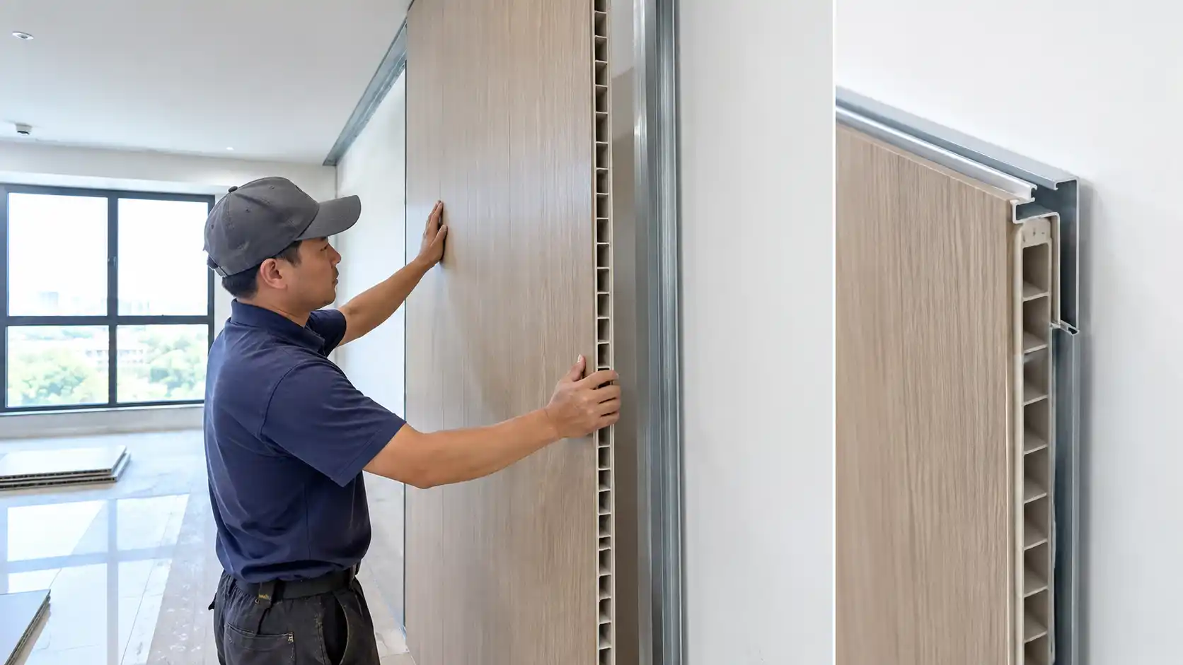 Thợ thi công lắp ghép tấm vách ngăn nhựa 40mm sạch sẽ bằng ngàm âm dương nhanh gọn trong ngày