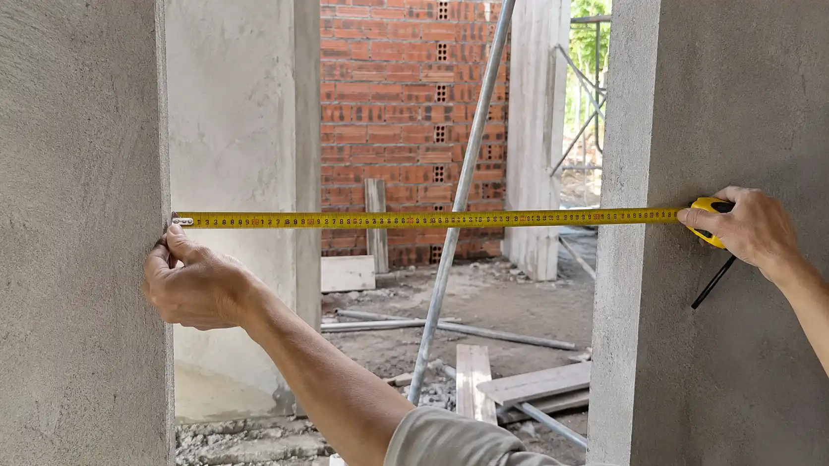 Thước đo đối chiếu kích thước ô chờ tường gạch thô trước khi lắp cửa