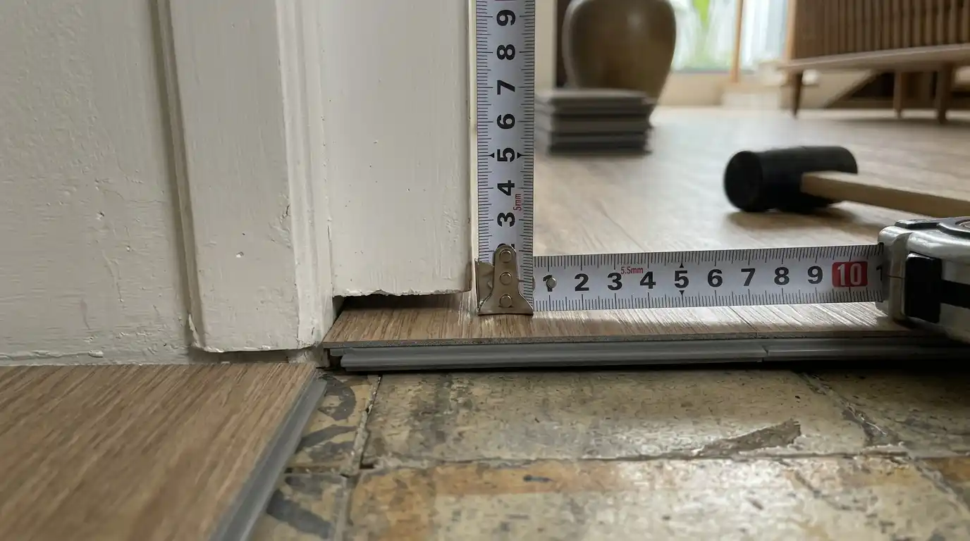 Thước đo kiểm tra khoảng hở 5.5mm gầm cửa khi lát sàn nhựa hèm khóa đè lên gạch cũ