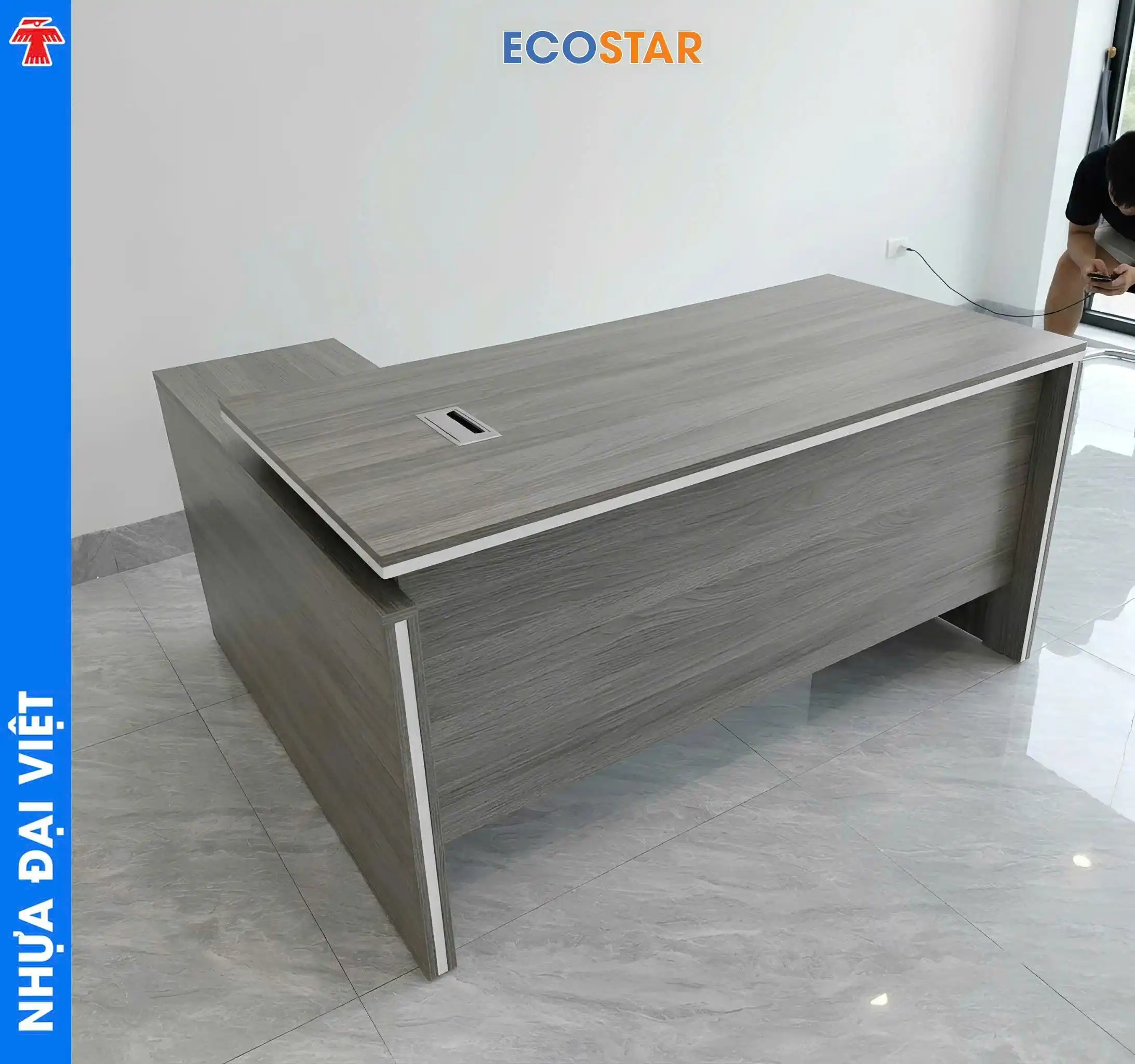 Bàn làm việc chữ L sang trọng gia công từ tấm nhựa Ecostar 18mm màu vân xám ST06