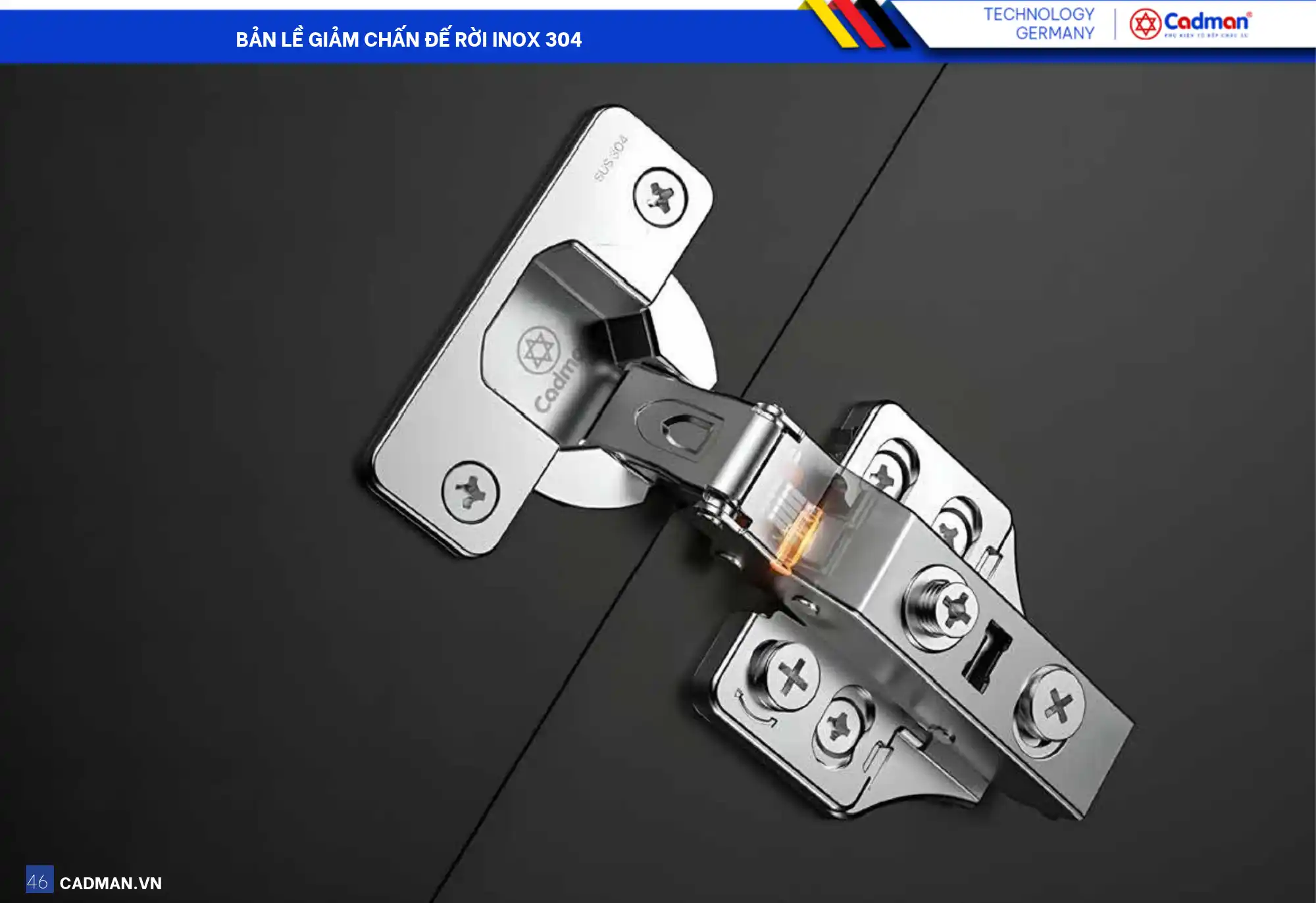 Bản lề giảm chấn đế rời inox 304 Cadman