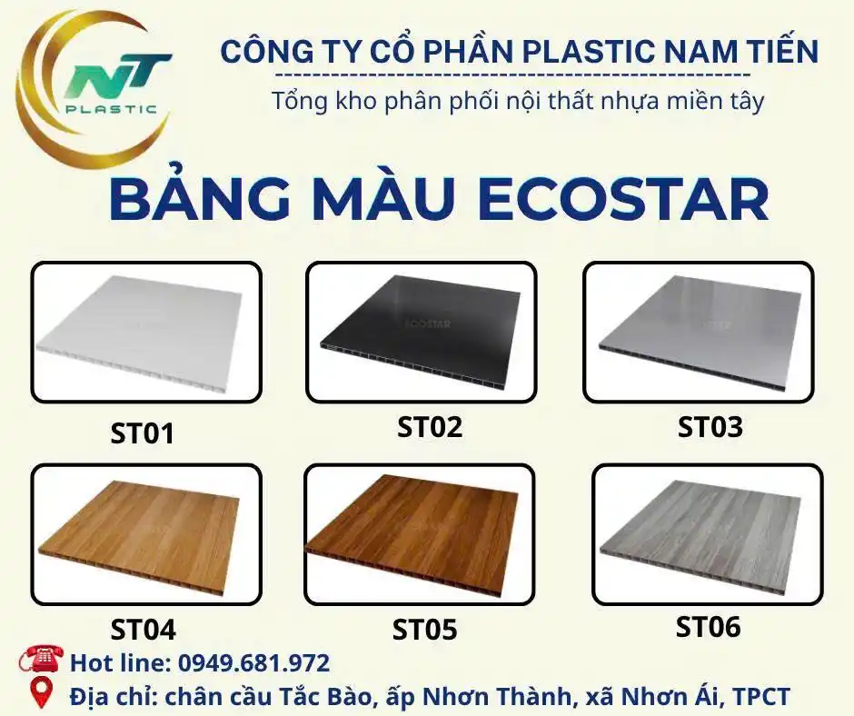 Bảng màu tấm nhựa Ecostar 18mm chính hãng từ ST01 đến ST06 tại kho Nam Tiến Cần Thơ