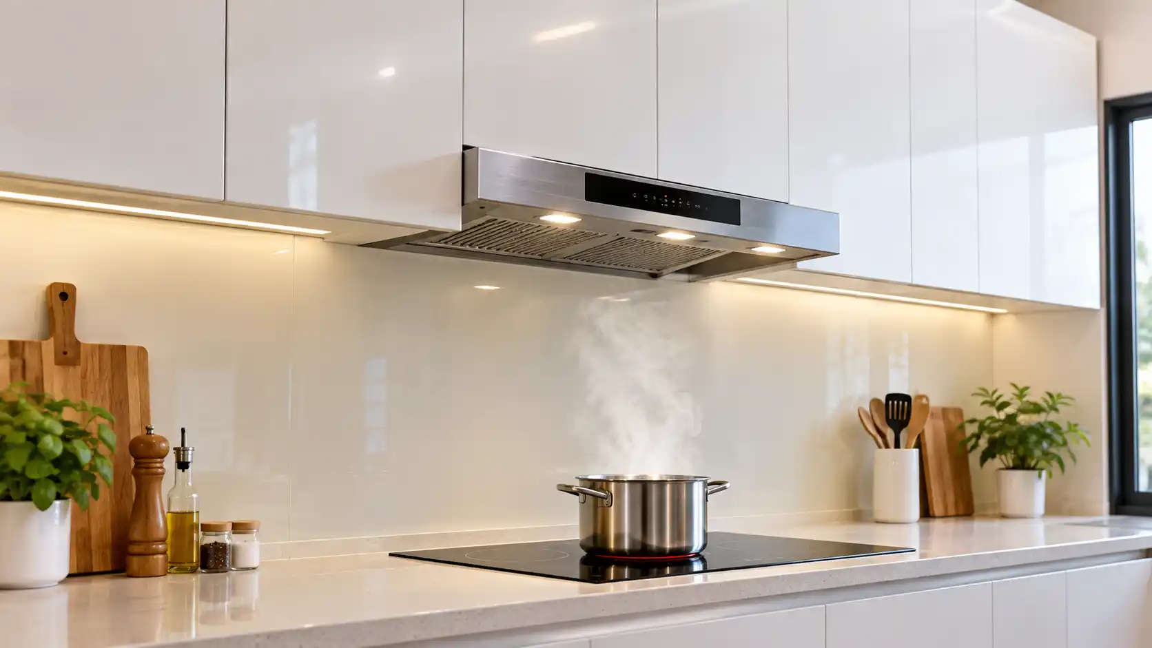 Bố trí khoảng cách máy hút mùi an toàn giúp bảo vệ tủ bếp trên khỏi nhiệt và dầu mỡ