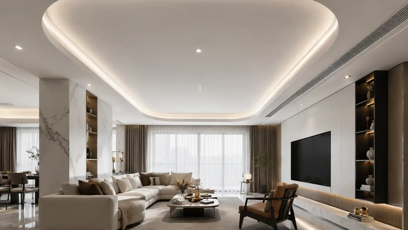 Bề mặt trần thạch cao giật cấp uốn lượn mềm mại sơn trắng liền khối