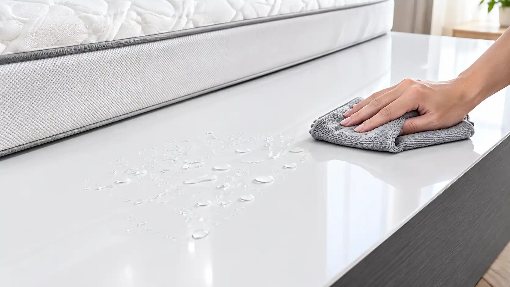 Bề mặt vạt phản than tre phẳng liền phủ trắng kháng nước ngăn ngừa ẩm mốc đáy nệm khi trẻ tè dầm