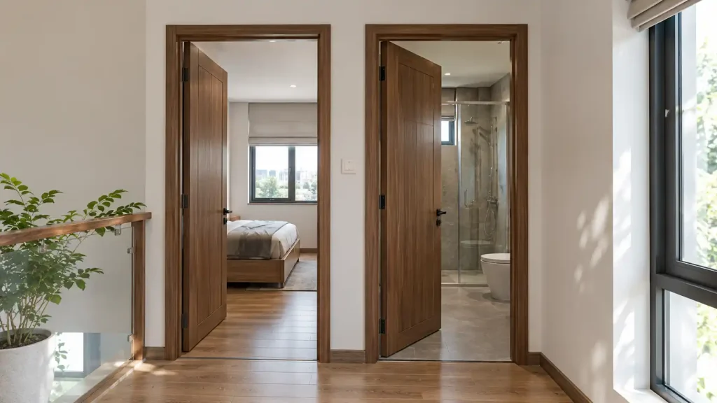 Cửa nhựa composite phòng ngủ và nhà vệ sinh lắp đặt đồng bộ trong nhà phố hiện đại