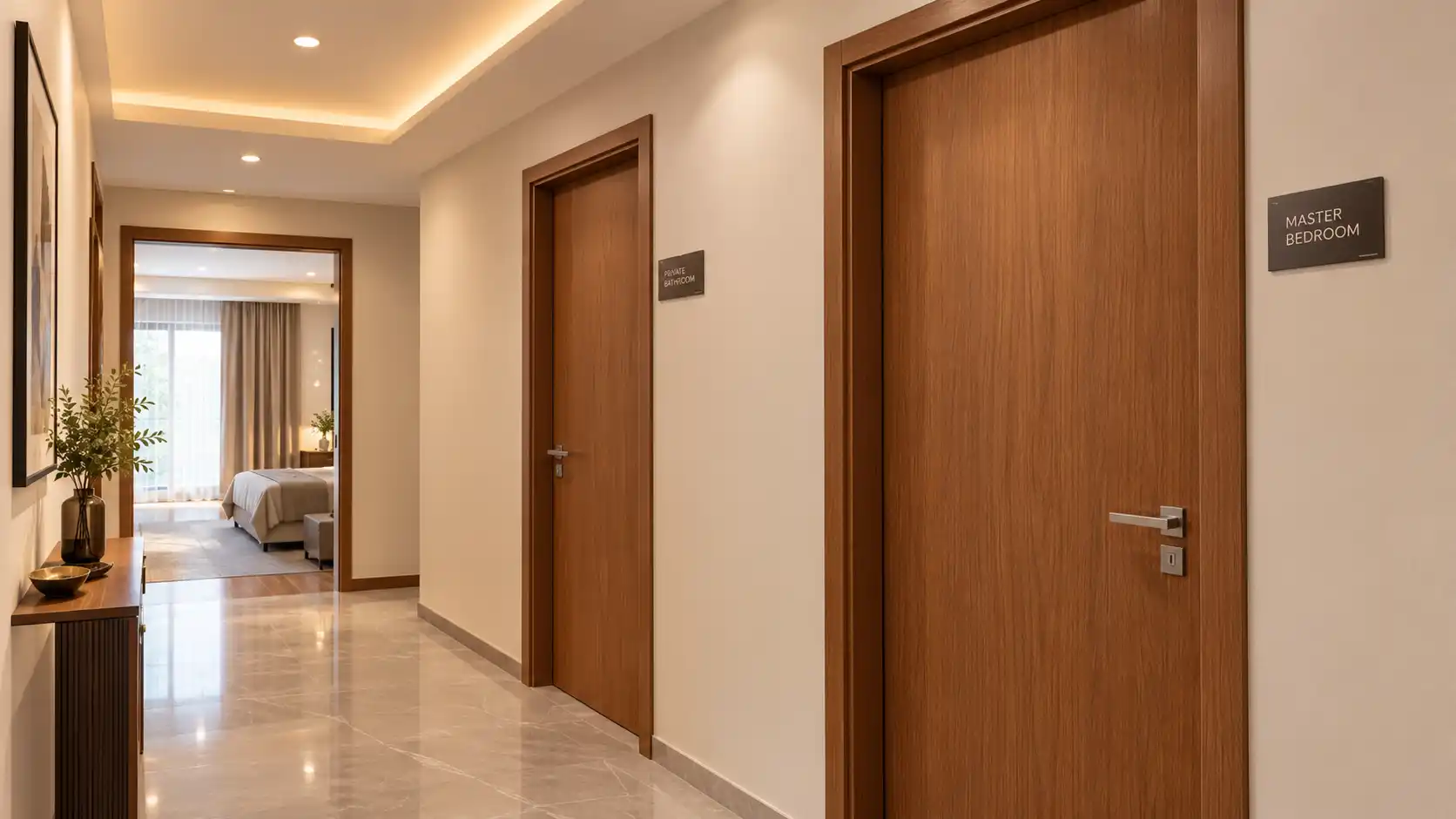 Đồng bộ cửa nhựa composite phòng ngủ và nhà vệ sinh vân gỗ tạo sự liền mạch thẩm mỹ