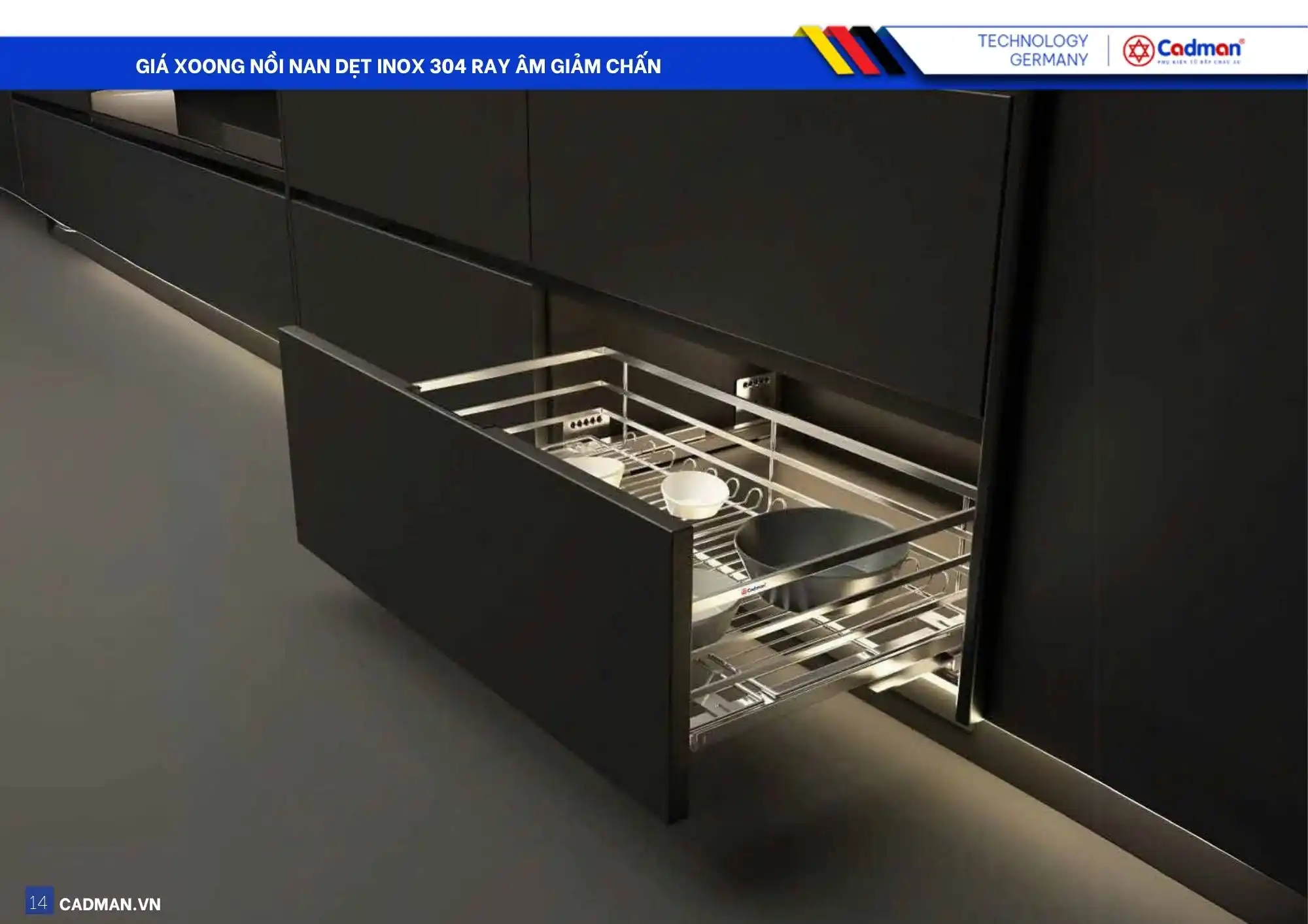 Giá Xoong Nồi Nan Dẹt Inox 304 Ray Âm Giảm Chấn