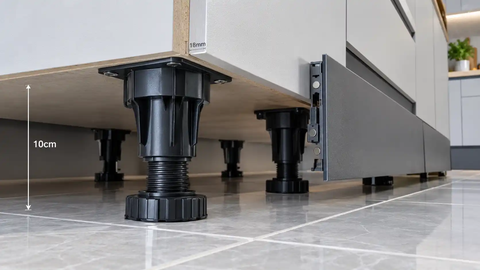 Hệ chân tăng chỉnh nhựa nâng thùng tủ bếp Ecostar cách ly nước ngập
