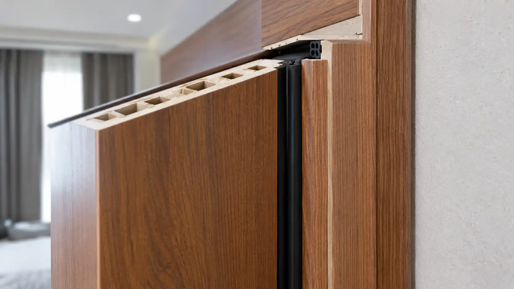 Hệ gioăng cao su xốp EPDM trên khuôn cửa composite hỗ trợ cách âm cho phòng ngủ