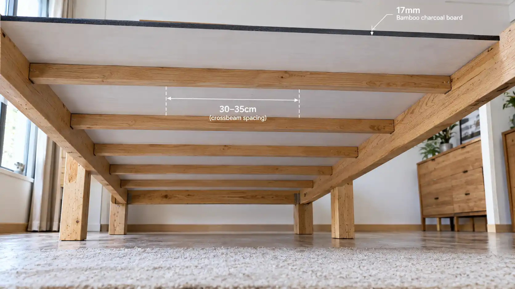 Hệ thang đỡ bên dưới chia khoảng cách đều đặn giúp tấm vạt than tre 17mm nâng đỡ đệm phẳng phiu