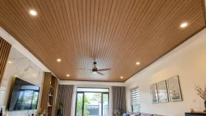 Hệ trần nhựa lam sóng phòng khách thi công phẳng phiu đúng khoảng cách khung xương