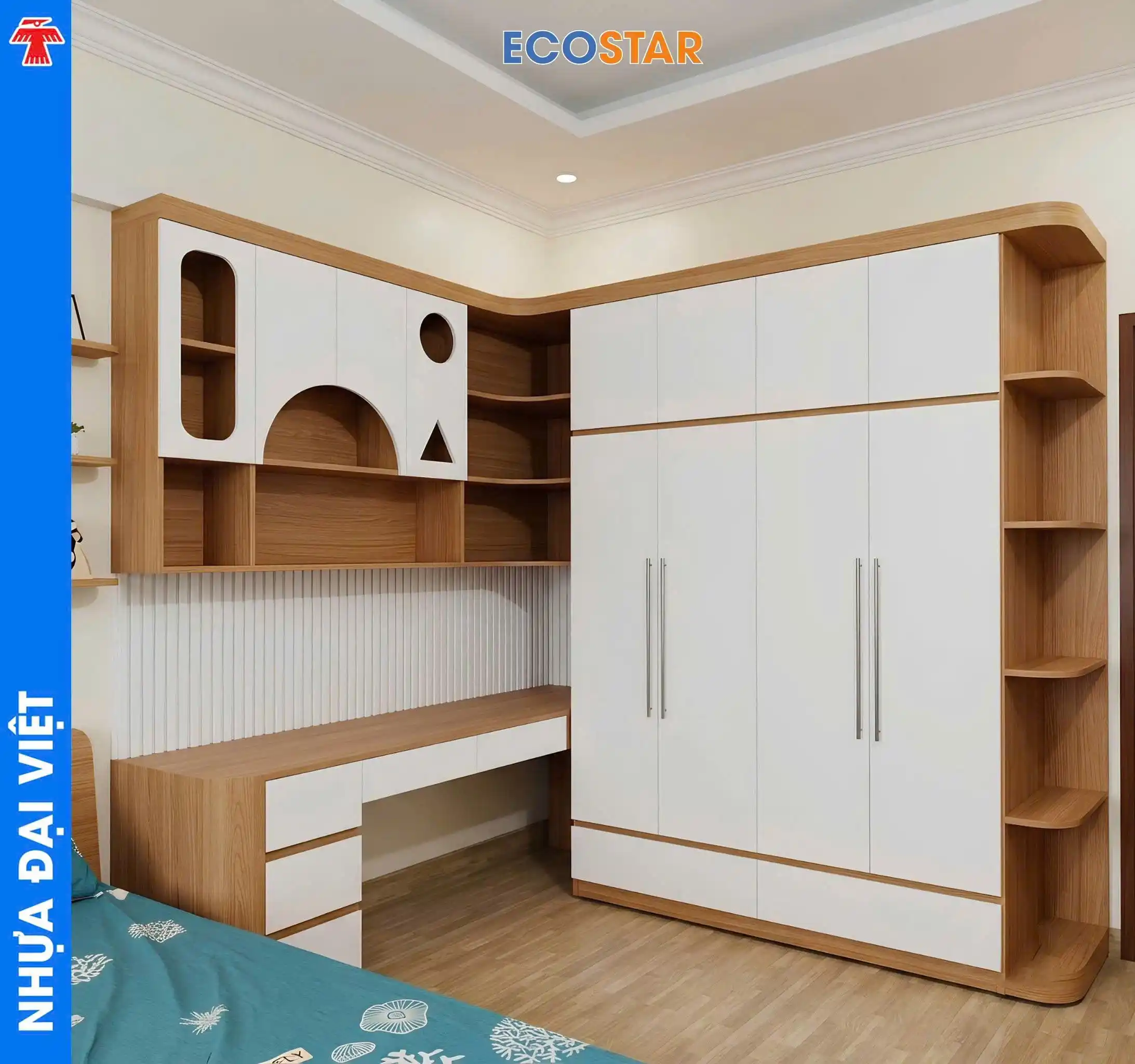 Hệ tủ quần áo chữ L liền bàn học và giá sách decor nghệ thuật nhựa Ecostar 18mm