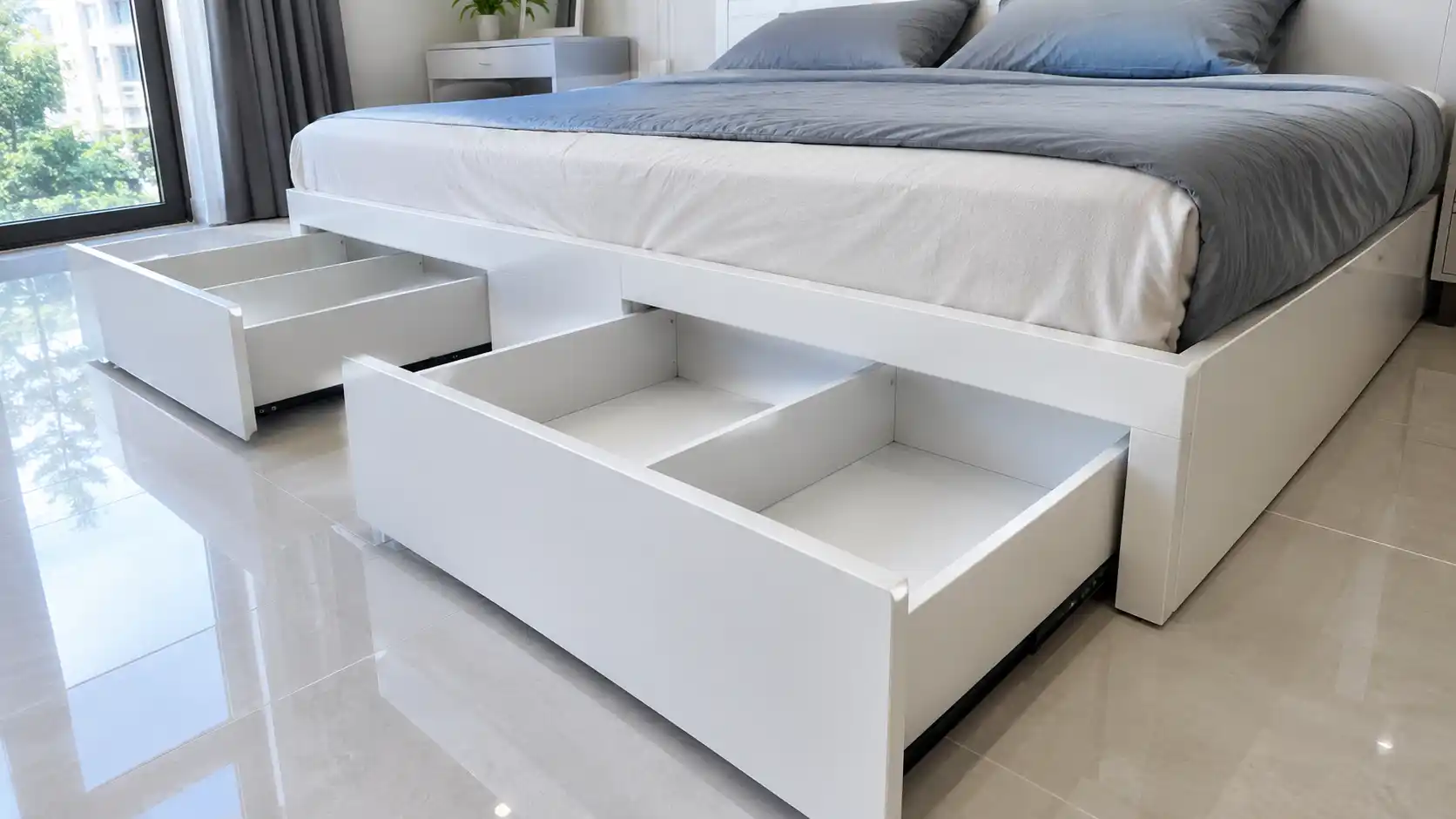 Hộc ngăn kéo giường ngủ bằng nhựa kéo mở để lộ vách ngăn chịu lực và đáy tiếp sàn