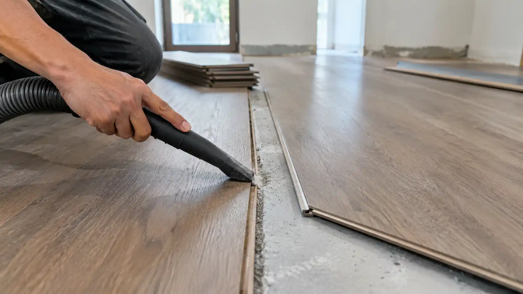 Hút sạch bụi cát trên khe hèm khóa sàn nhựa SPC trong quá trình thi công