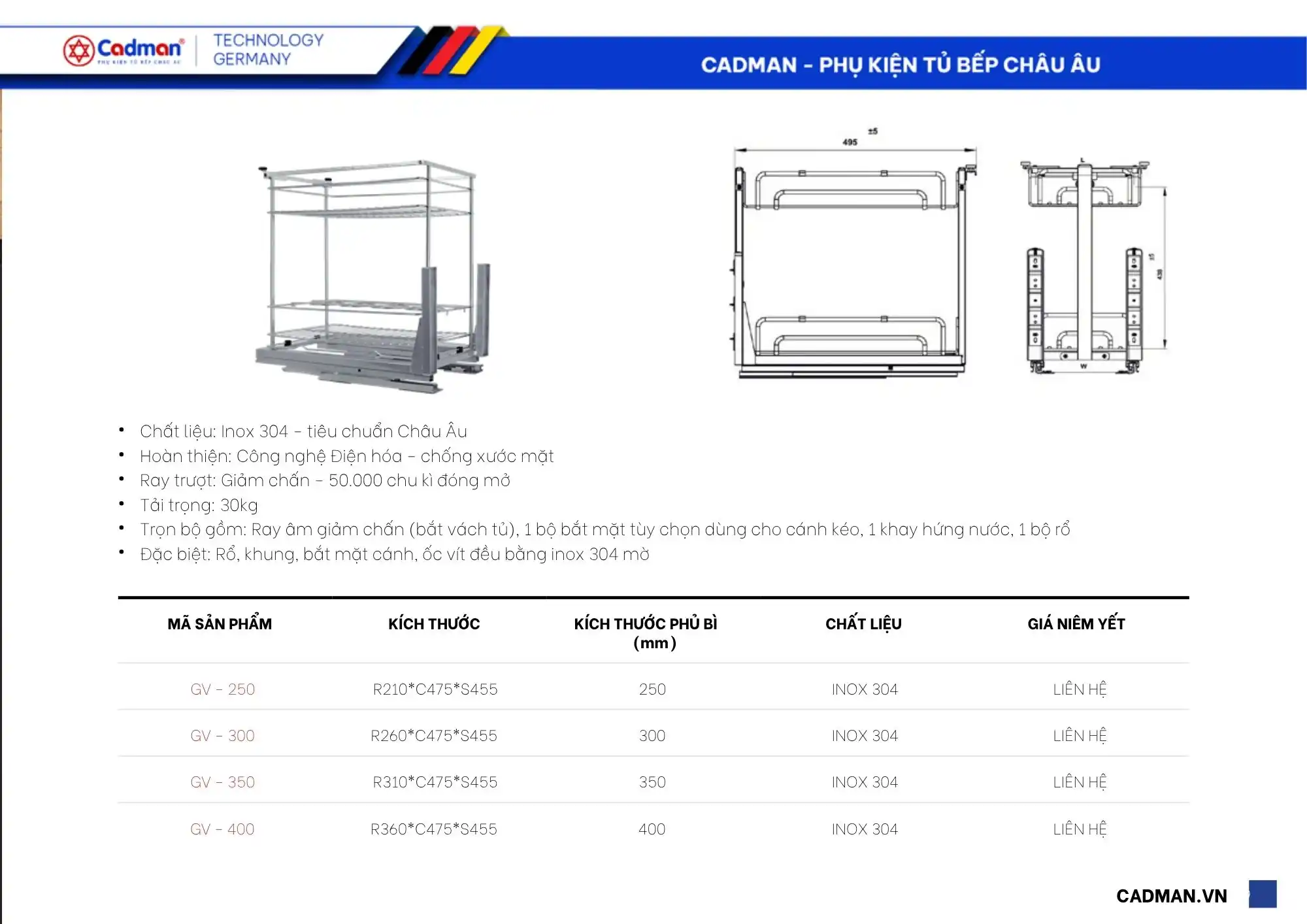 ke-gia-vi-thong-so-kich-thuoc Kệ Gia Vị Nan Dẹt Inox 304 Ray Giảm Chấn
