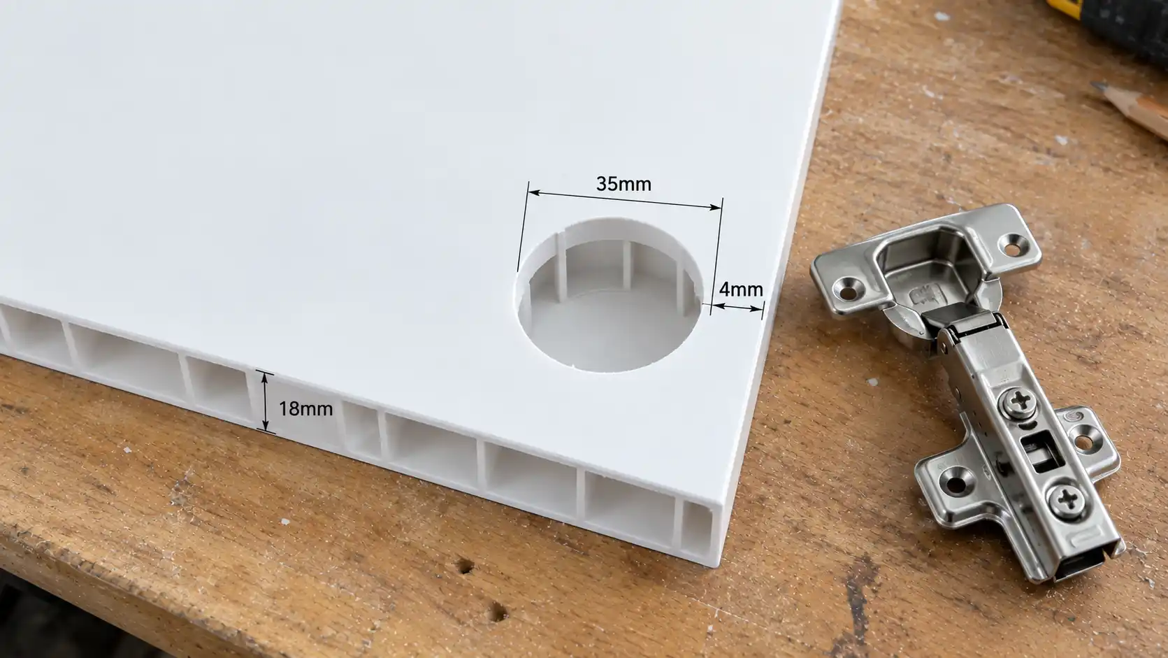  Khoét lỗ chén bản lề 35mm đạt độ sâu chuẩn 11.5mm trên ván nhựa 18mm