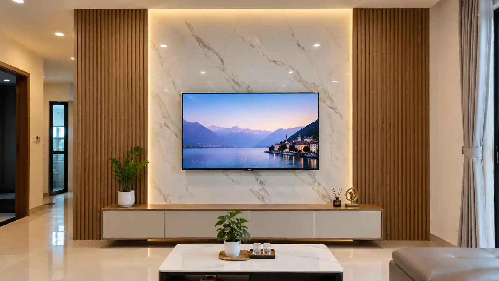 Tỷ lệ kích thước chuẩn khi phối vách tivi PVC vân đá và lam sóng