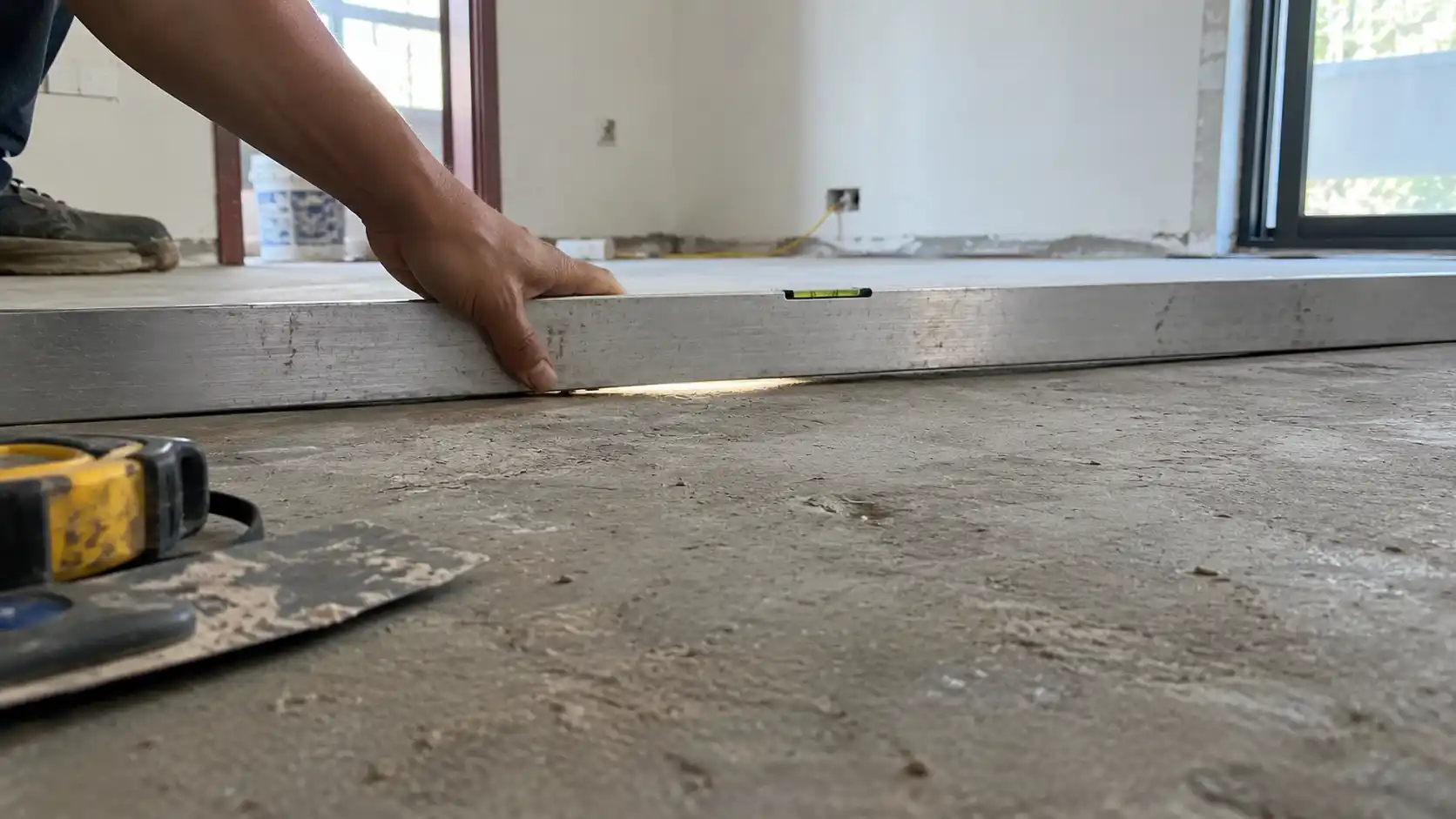 Kiểm tra độ phẳng cốt nền bằng thước nhôm 2m trước khi lát sàn hèm khóa