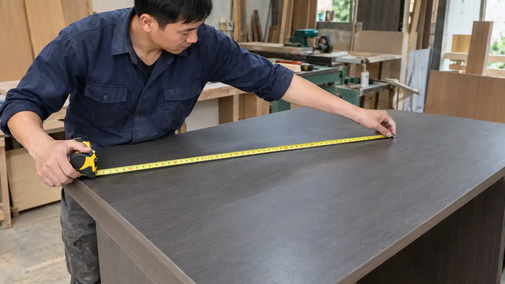 Thợ mộc kiểm tra kích thước khẩu độ mặt bàn làm việc nhựa Ecostar 18mm tại xưởng