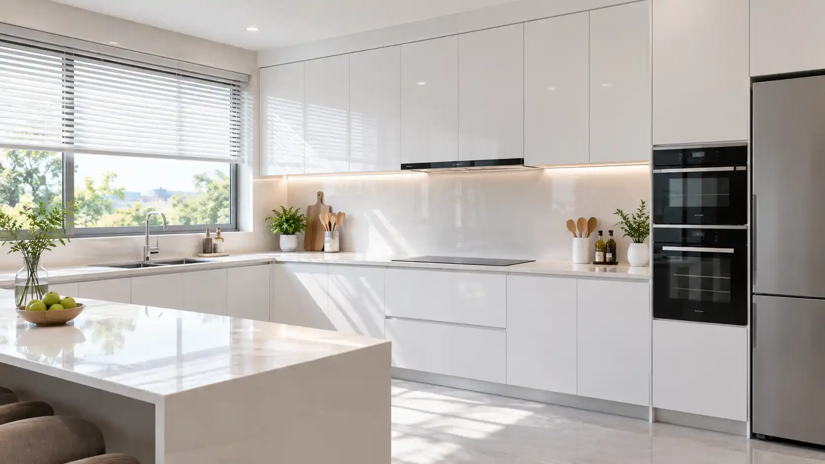Thiết kế gian bếp thông thoáng với khoảng cách chuẩn giúp tủ bếp nhựa luôn bền màu