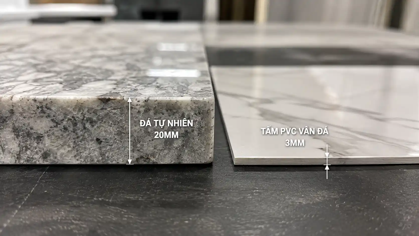 Mặt cắt so sánh độ dày giữa đá tự nhiên và tấm pvc vân đá