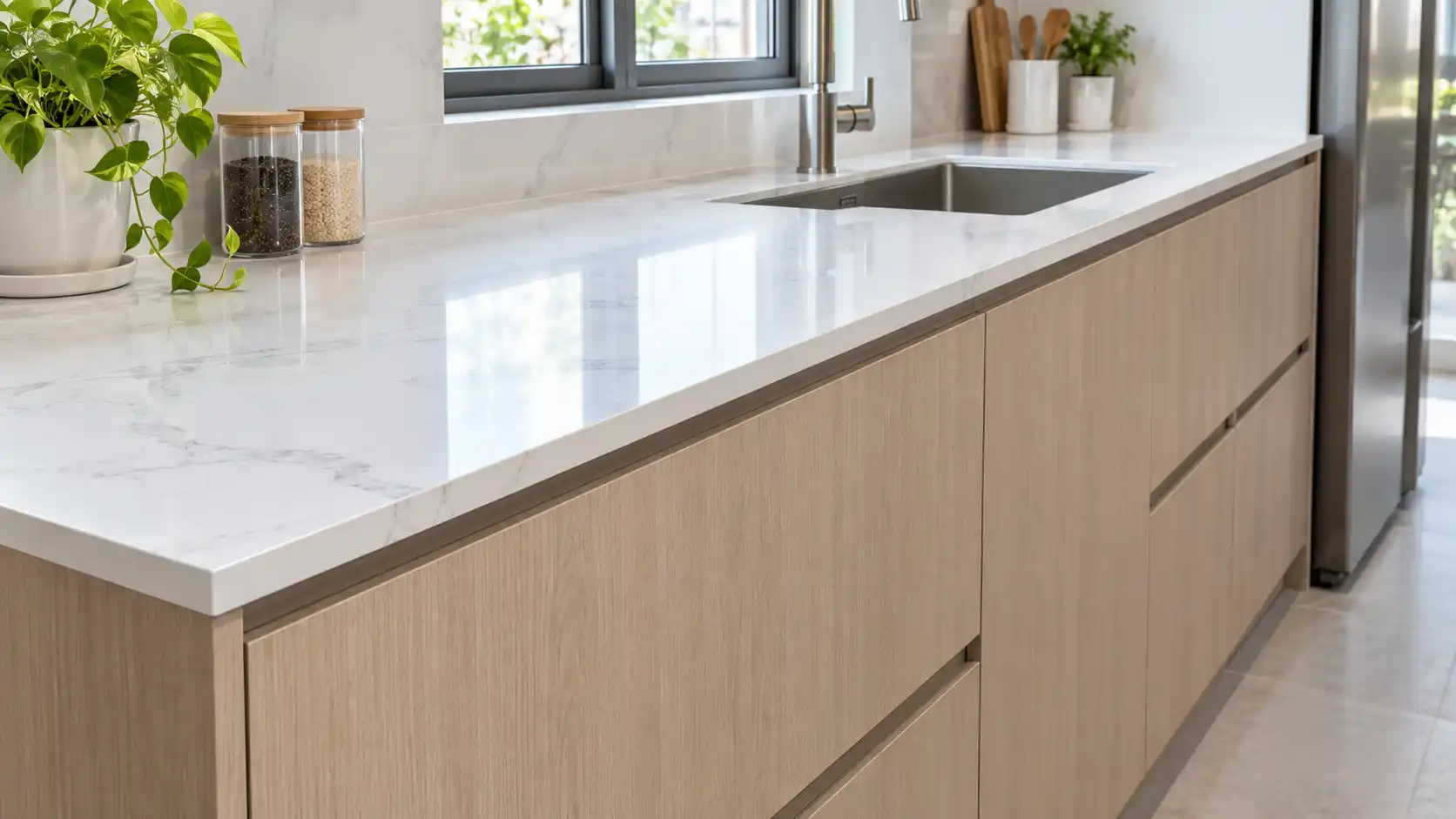 Mặt đá granite đen lắp đặt trên khung tủ bếp nhựa Ecostar 18mm chịu tải nén