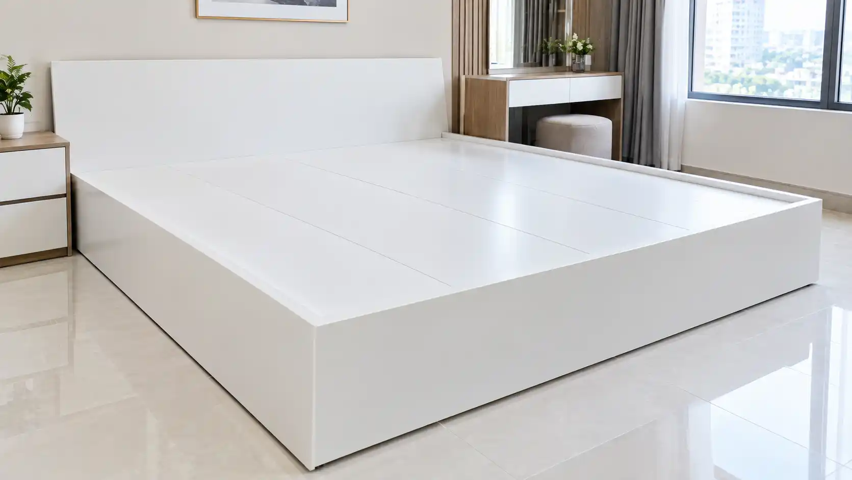 Mặt phản giát giường ngủ bằng nhựa màu trắng phẳng phiu khi chưa trải đệm