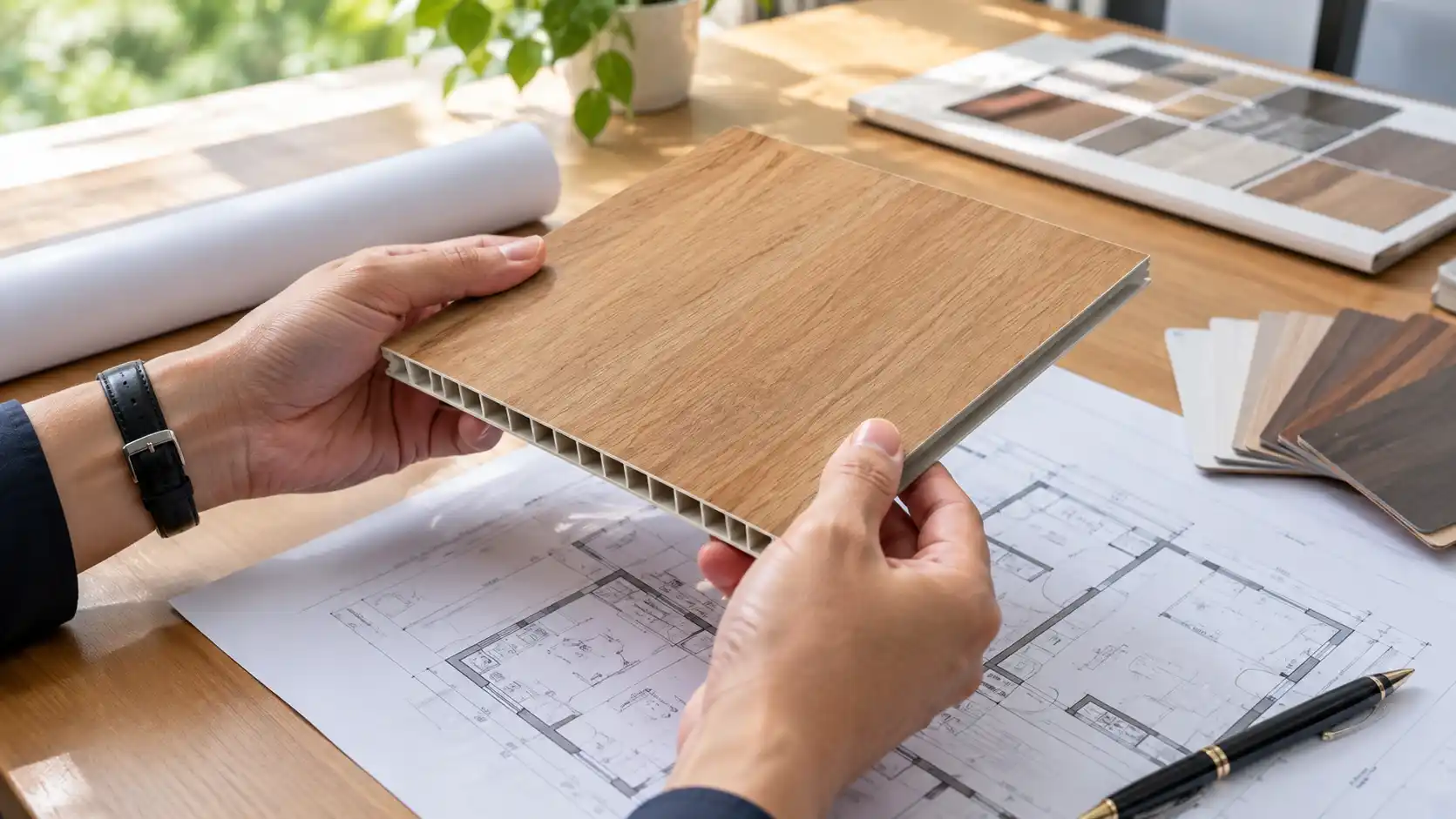 mẫu phôi tấm nhựa Ecostar 18mm kiểm tra độ chuẩn màu và kết cấu thực tế