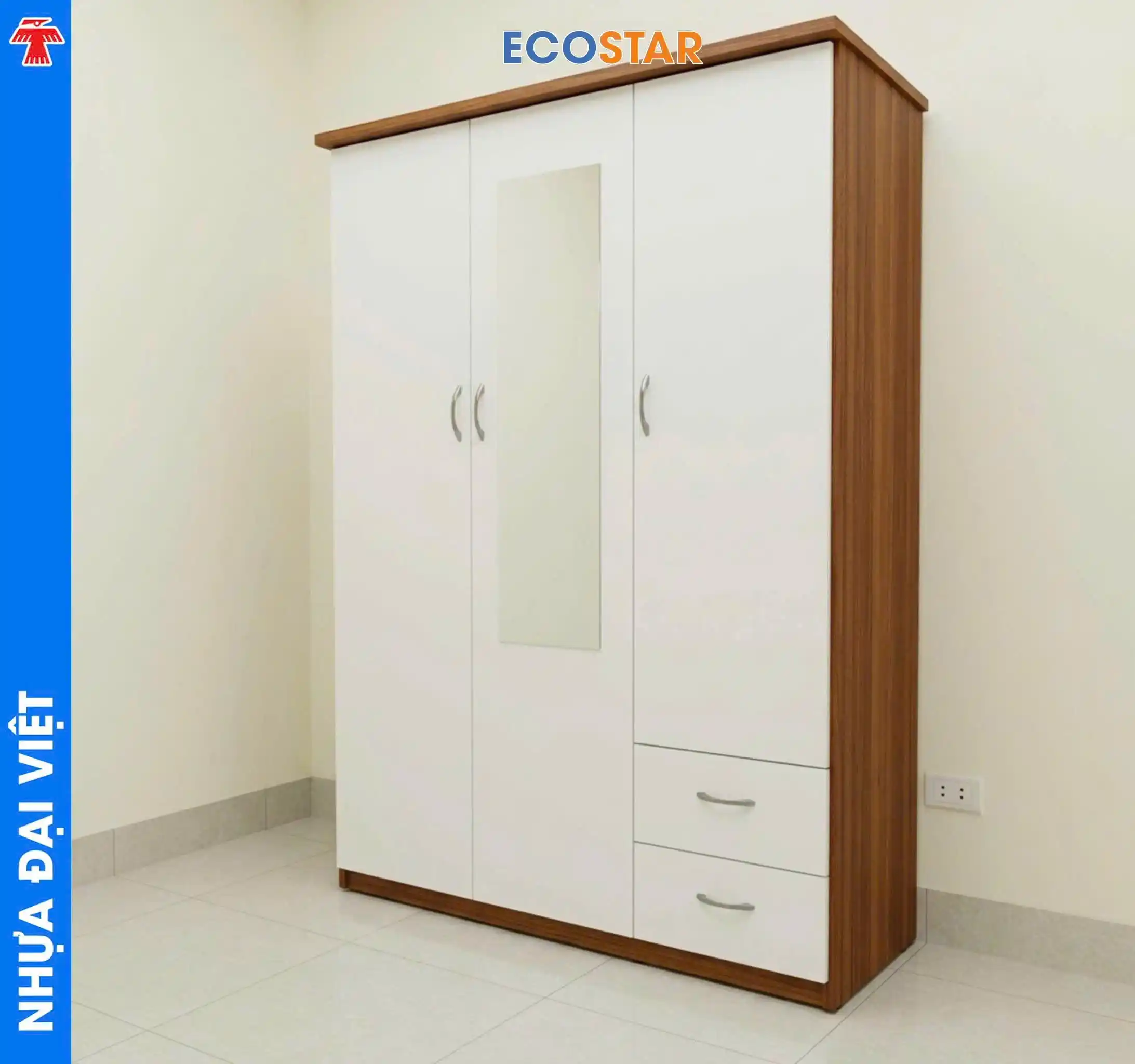 Mẫu tủ quần áo 3 cánh nhựa Ecostar 18mm tích hợp gương soi toàn thân tiện ích