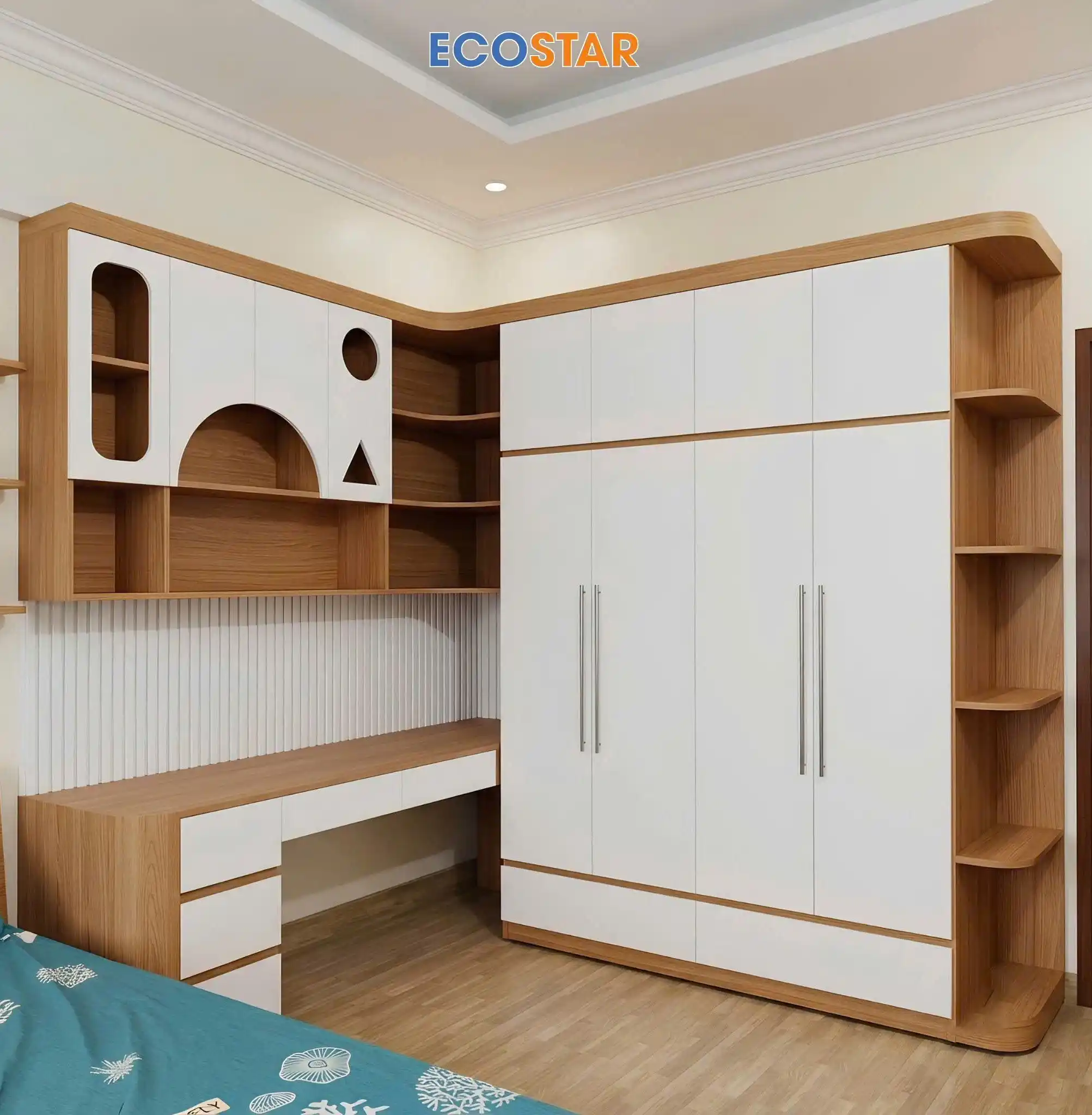 Mẫu tủ quần áo kịch trần cánh trắng phối thùng vân gỗ thực tế từ tấm nhựa Ecostar 18mm