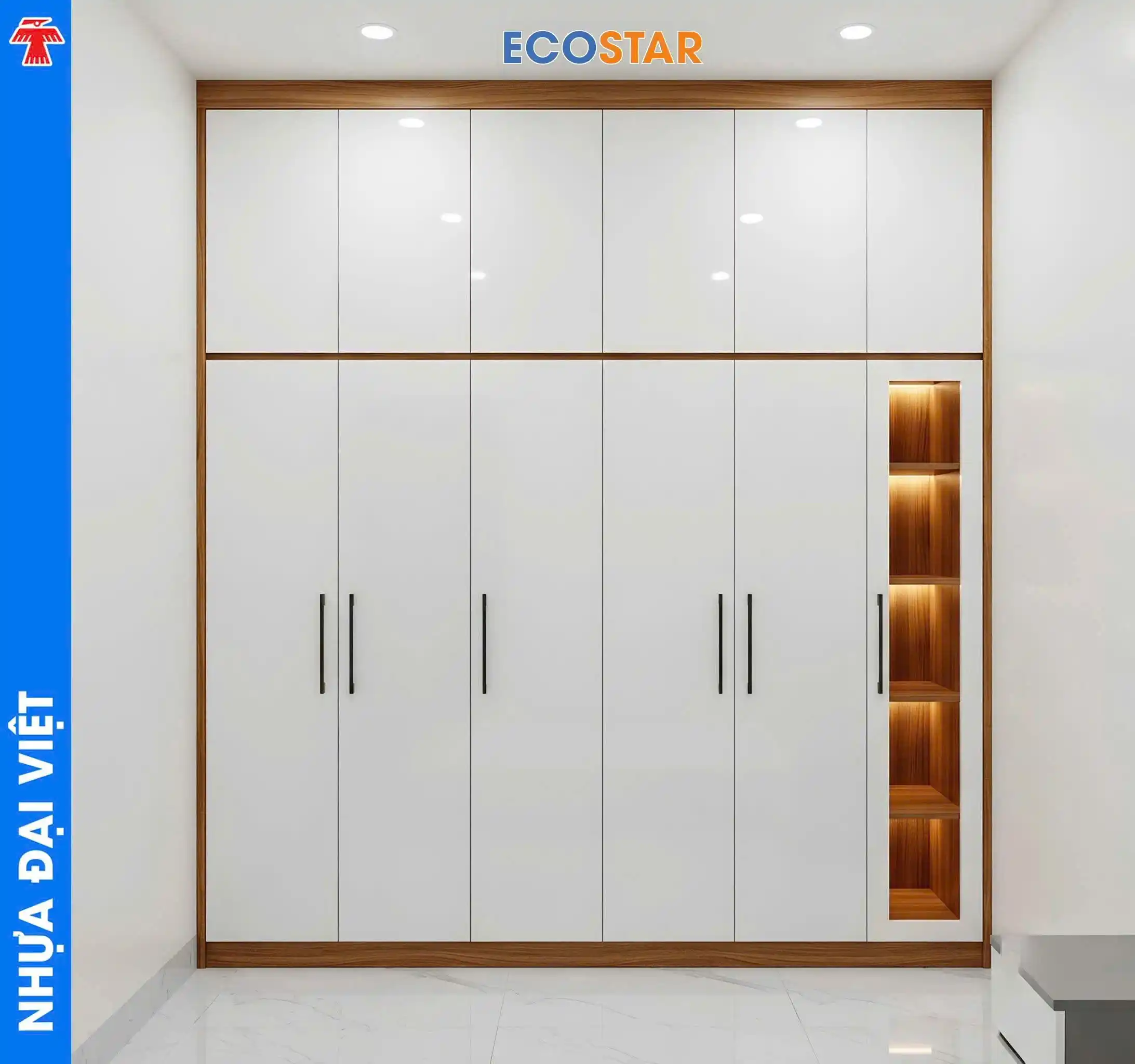 Mẫu tủ quần áo nhựa Ecostar 18mm cánh phẳng phối khoang kính đèn LED âm tủ đẳng cấp