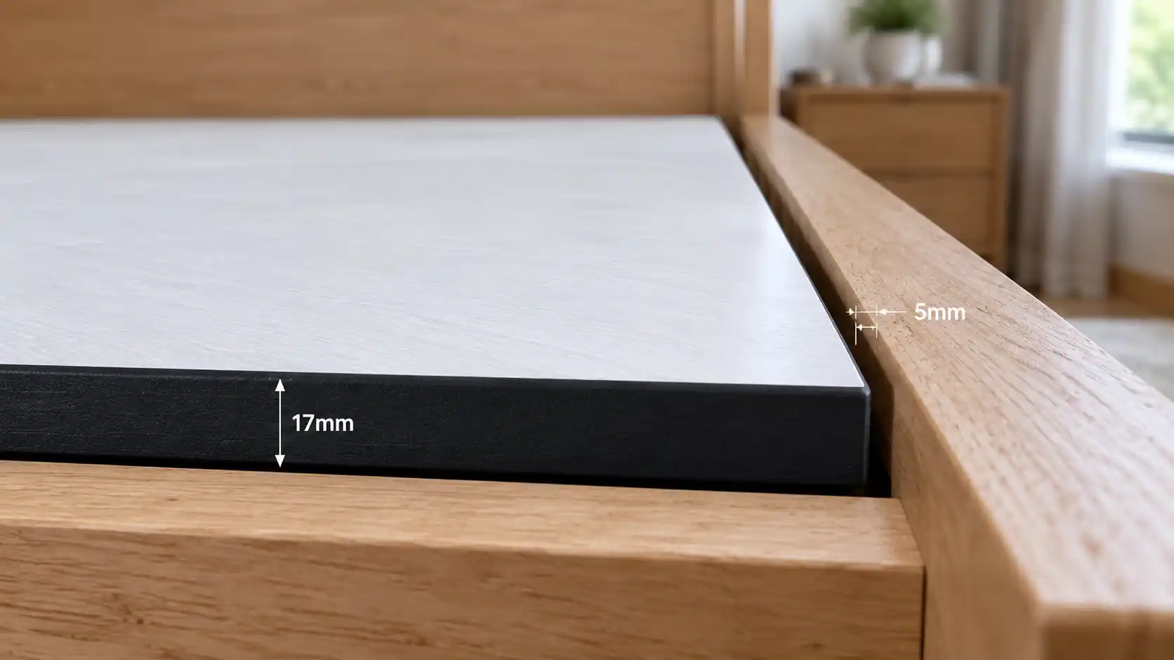 Mép cắt tấm vạt phẳng được dán chỉ nẹp viền bảo vệ và chừa khe hở ngón tay chống kẹt