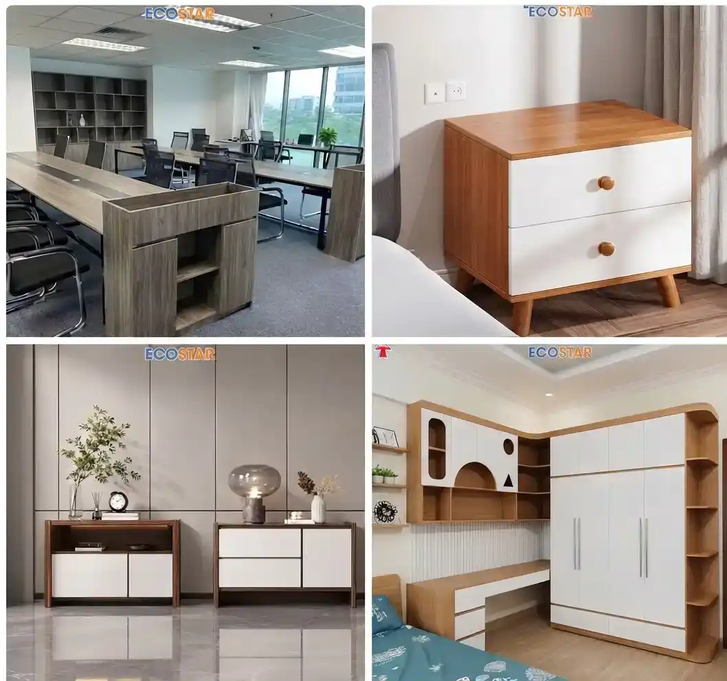 Các mẫu nội thất thực tế đóng từ các khổ bản rộng tấm nhựa Ecostar 18mm tại xưởng