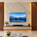 Phối vách tivi PVC vân đá và lam sóng cho không gian phòng khách hiện đại