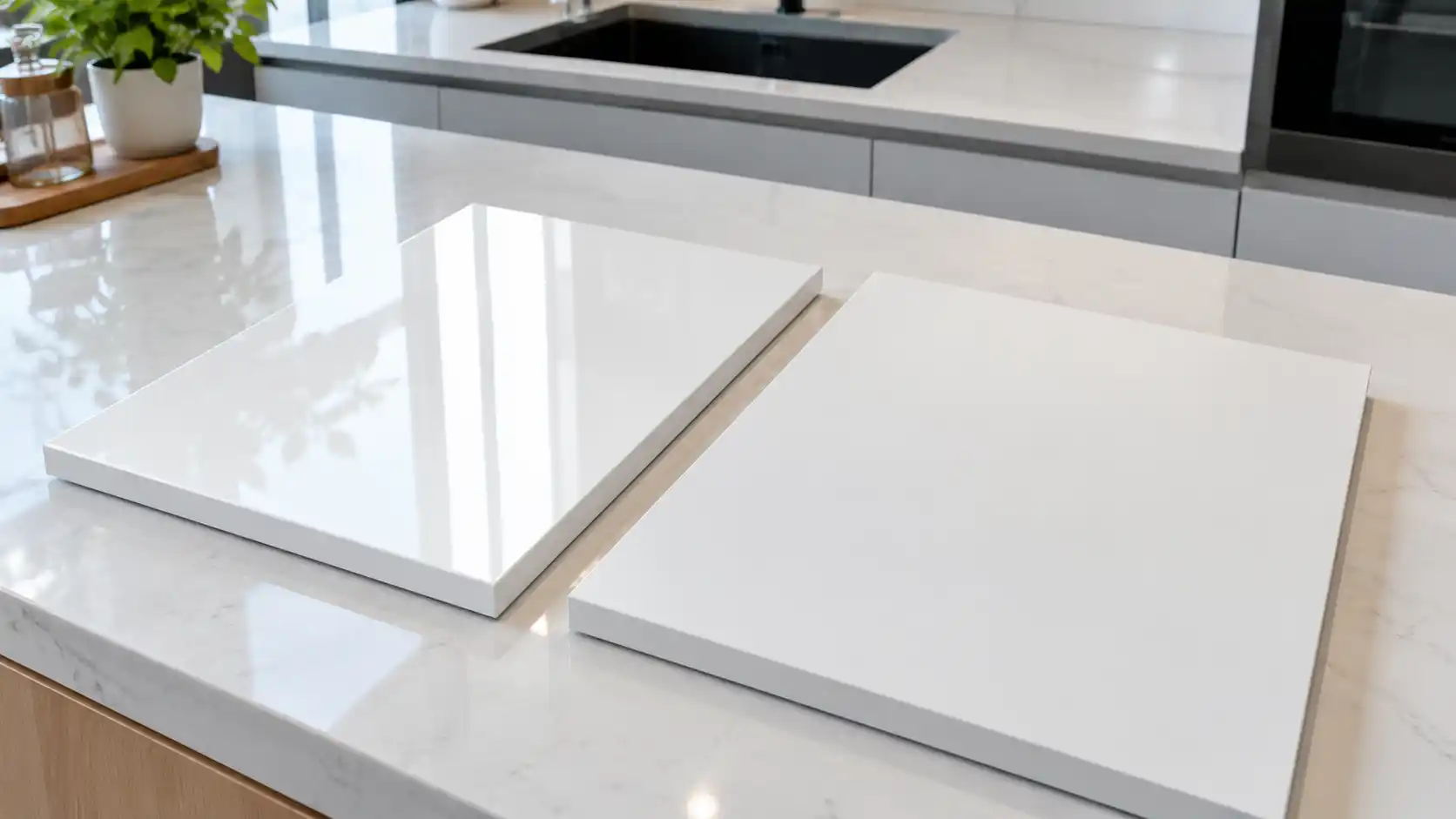 So sánh cánh tủ bếp nhựa Acrylic phẳng bóng gương và cánh phủ film mờ chống bám dầu mỡ