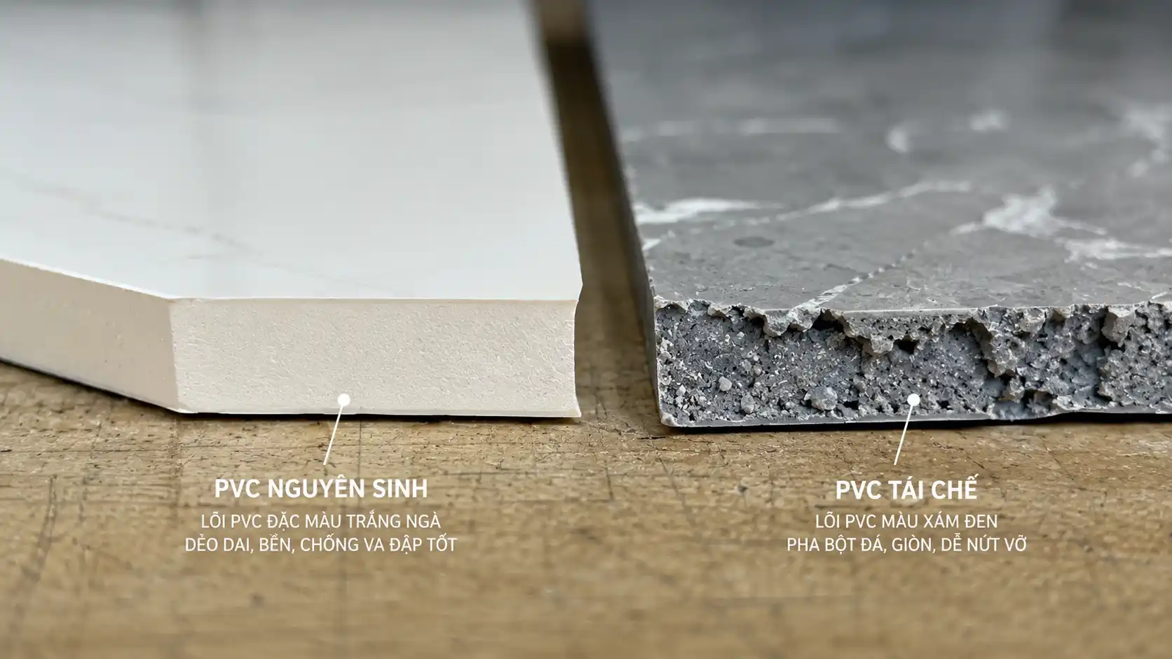 So sánh mặt cắt cốt nhựa PVC nguyên sinh dẻo dai và cốt nhựa tái sinh độn bột đá dễ giòn gãy