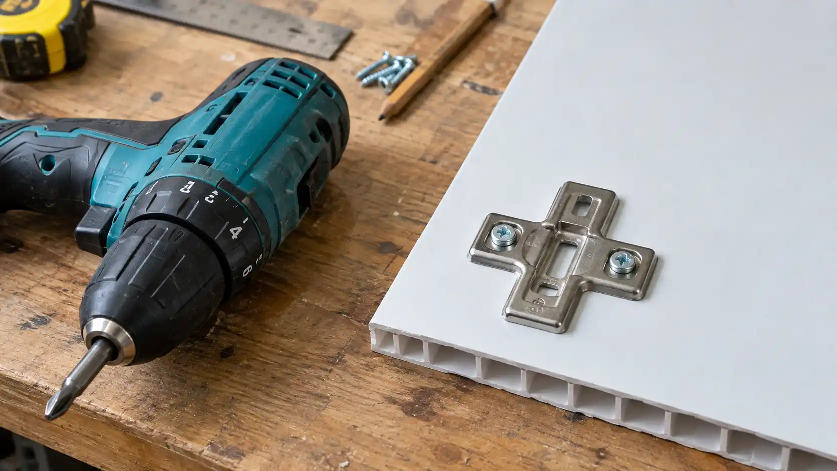 Thao tác siết vít bản lề bằng máy khoan pin chỉnh cữ lực chống tuôn ren