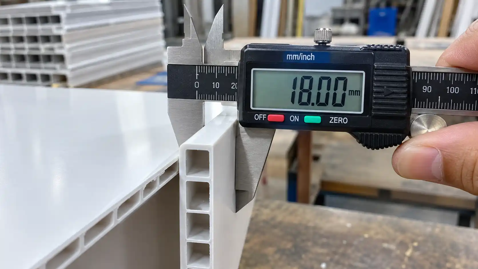 Thước kẹp điện tử đo chính xác độ dày 18.00mm của tấm nhựa Ecostar