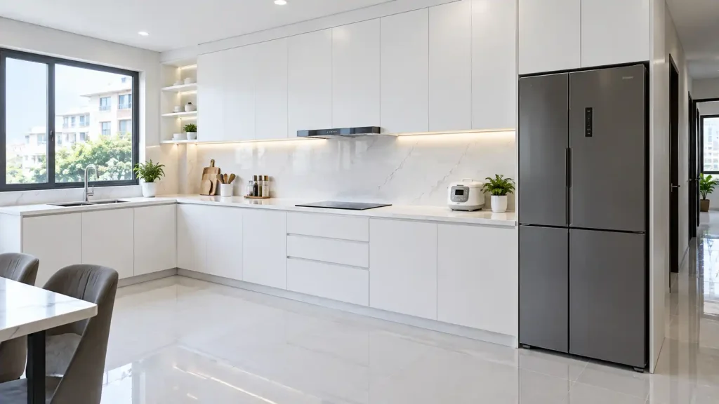 Tủ bếp nhựa màu trắng hiện đại không bị ố vàng trong gian bếp gia đình