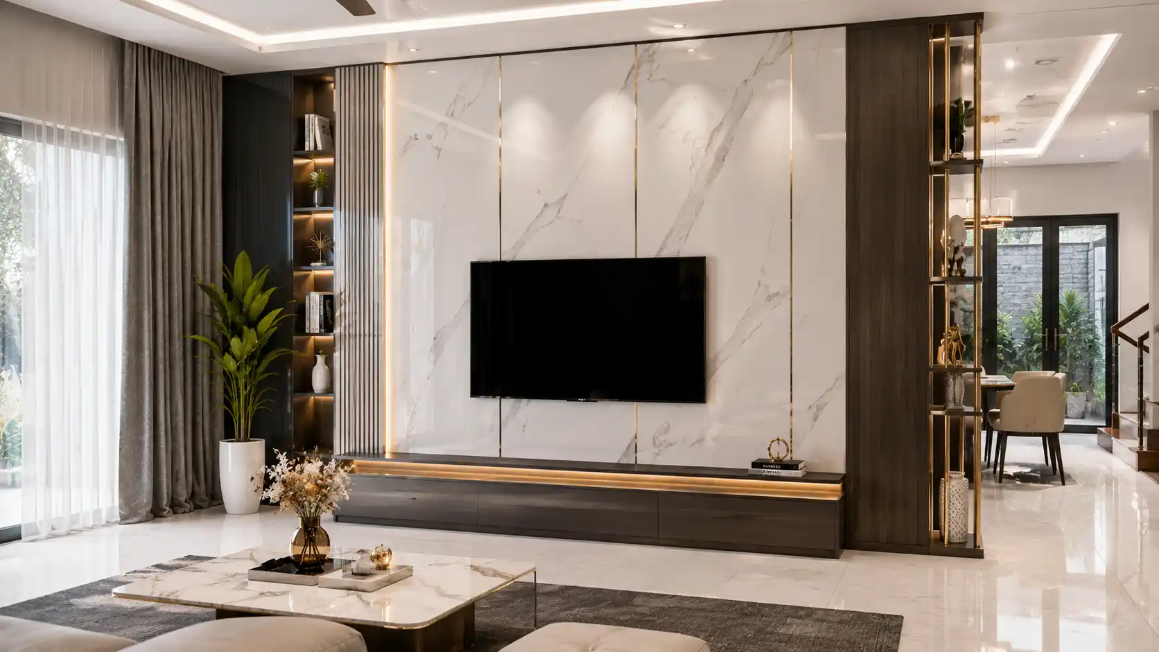 Vách tivi phòng khách nhà phố hiện đại ốp tấm pvc vân đá bóng gương