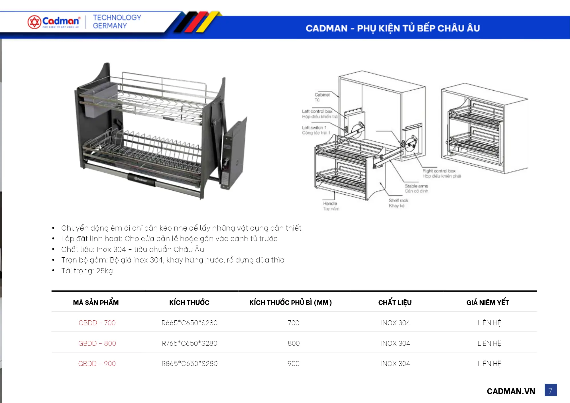 Bảng kích thước tiêu chuẩn lắp đặt phụ kiện tủ bếp Cadman